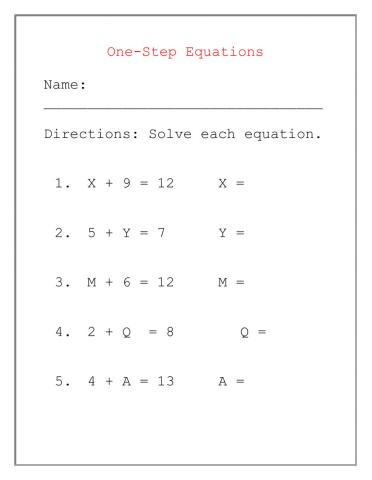 One Step Equation Day 1