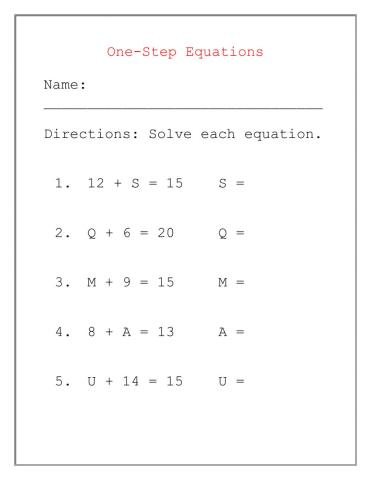 One Step Equation Day 2