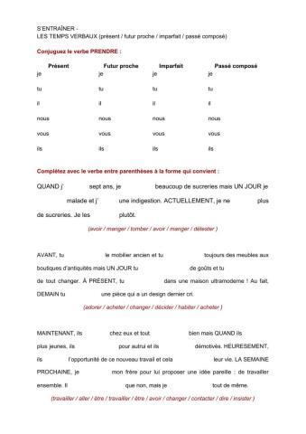 Le temps verbaux : présent, futur proche, imparfait, passé composé
