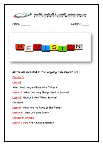 Science End of Term 1 Revision Sheet