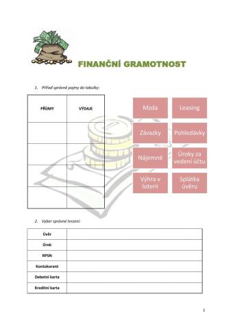 Pracovní list - Finanční gramotnost