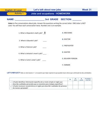 Week 31: Jobs and Occupations - HOMEWORK A1