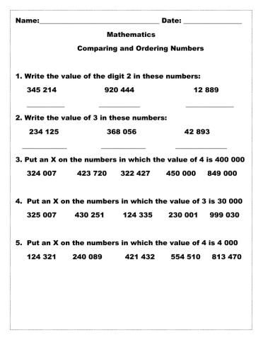 Comparing and Ordering Whole Numbers Worksheet