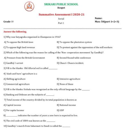 Srikari Public School X std Social SA 1 Part 1