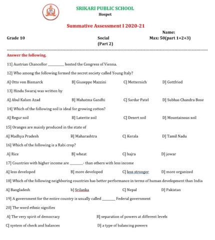 Srikari Public School X std Social SA 1 Part 2