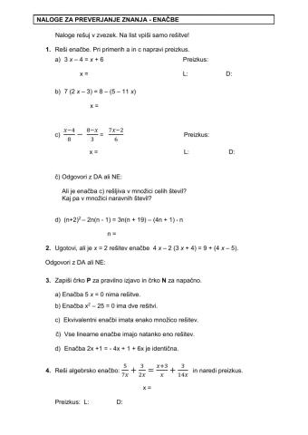 Enačbe - preverjanje znanja