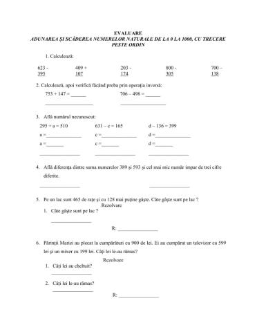 Evaluare - Adunarea si scaderea numerelor naturale de la 0 la 1000 cu trecere peste ordin