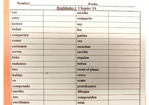 Realidades 1 3A Verbs, Spanish to English