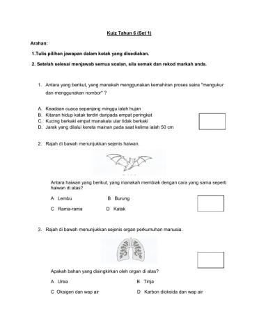 Kuiz Sains Tahun 6 (Set 1)