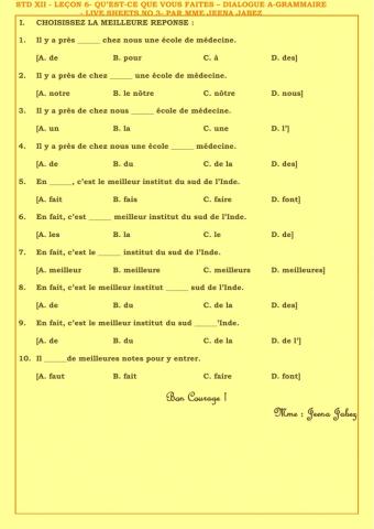 Leçon 6- Qu'est-ce que vous faites?-Dialogue A- grammaire