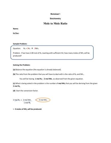 Stoichiometry Worksheet 1