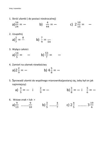 Ułamki zwykłe -przypomnienie