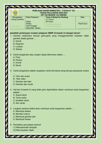 PAS I Tema 4 SBdP Kelas 5 Tahun Pelajaran 2020-2021