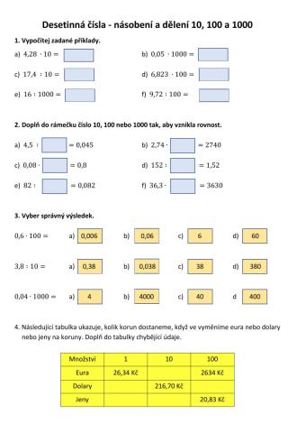 Desetinná čísla - násobení a dělení 10, 100 a 1000