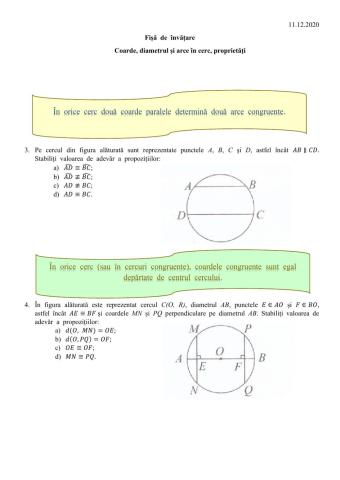 Fișă  de  învățare  clasa  a  VII-a  Coarde, diametrul  și  arce  de  cerc-  proprietăți