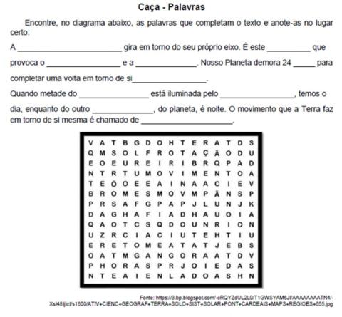 Caça-palavras sobre movimento de rotação