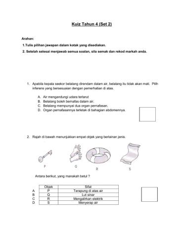 Kuiz Sains Tahun 4 (Set 2)