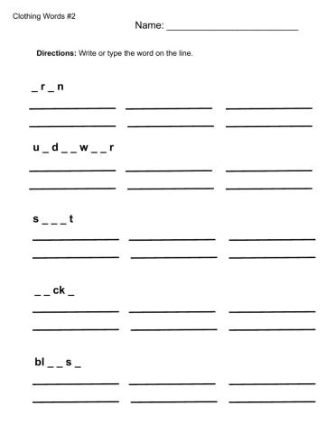 ELA Clothing Words 2: Write and Definition