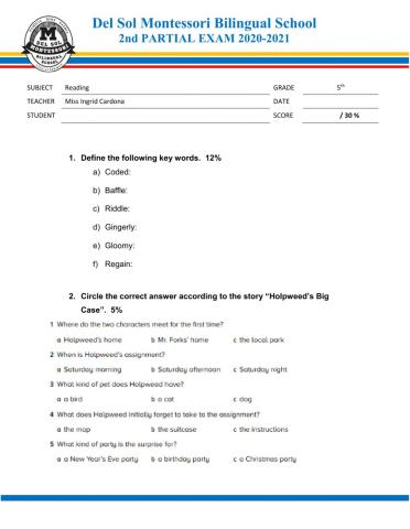 Reading Exam- 5th Grade