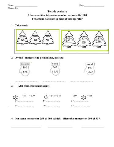 Test de evaluare- Adunarea și scăderea  numerelor naturale de la 0 la 1000. Fenomene naturale și mediul înconjurător