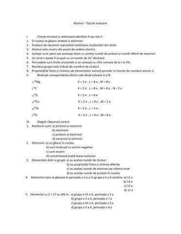 Atomul - fișă de evaluare