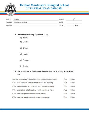 Reading Exam- 6th Grade