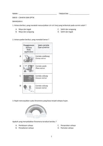 TINGKATAN 1 BAB 8 - CAHAYA DAN OPTIK