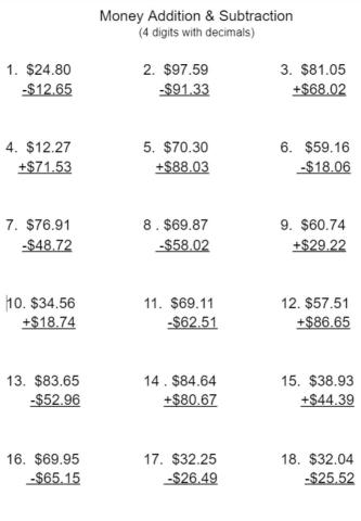 Money addition and subtraction - 4 digits with decimals