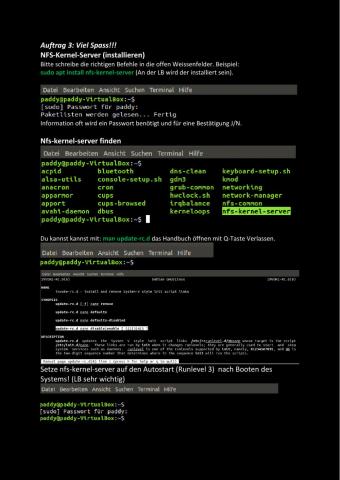 Auftrag 3 NFS-Kernel-Server (installieren) auf Autostart (Runlevel 3) setzen nach Booten des Systems​  Im Ordner -opt «Printfiles» erstellen und mit CLI einen symbolischen Link auf dem Desktop erzeugen.​
