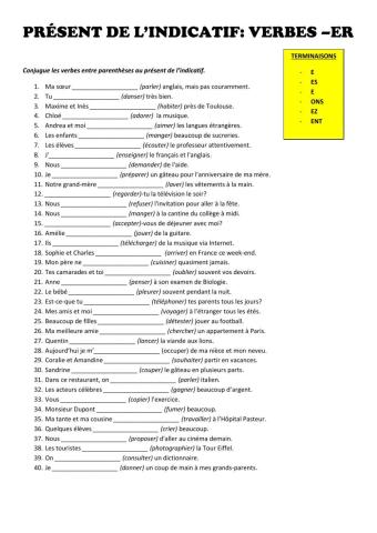 Présent de l'indicatif des verbes -er