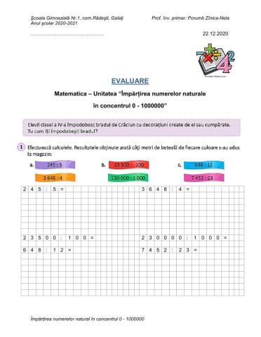 Împărțirea numerelor în concentrul 0-1000000