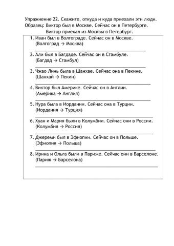 Упражнение 22. Скажите, откуда и куда приехали эти люди.