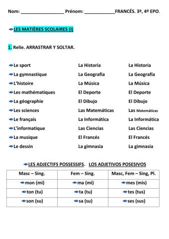 Ficha LES MATIÈRES SCOLAIRES (I)