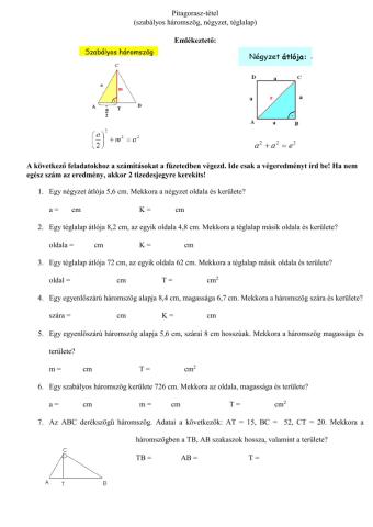Pitagorasz-tétel (szab. háromszög, négyzet, téglalap)
