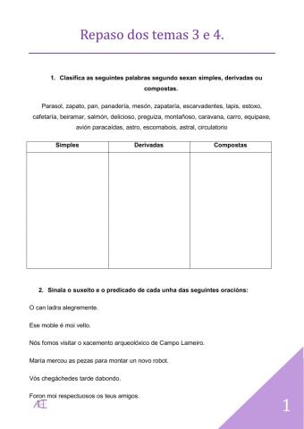 Repaso dos tipos de substantivos e clases de palabras.