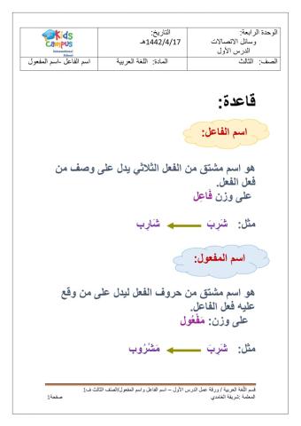 ورقة عمل اسم الفاعل واسم المفعول