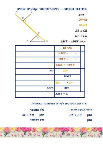 כתיבת הוכחה- חפיפת משולשים חיבור-חיסור קטעים שווים