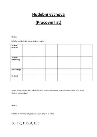 Pracovní list - Hudební výchova (opakování)