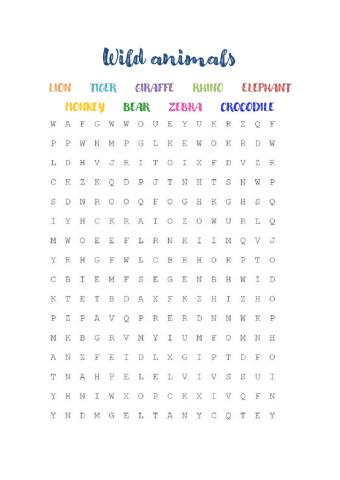 Wild animals wordsearch