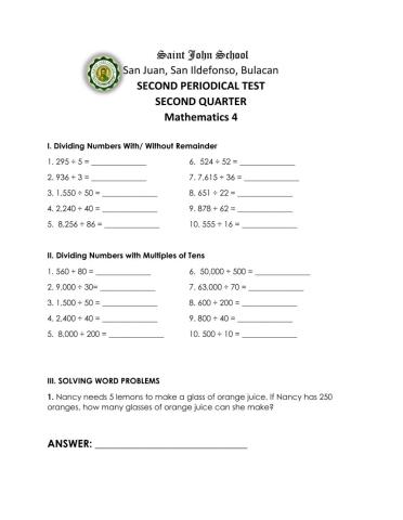 Mathematics Second Periodical Test