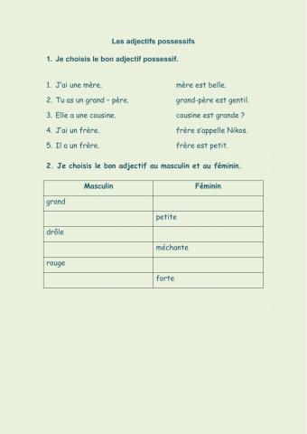 Adjectif possessif-le féminin de l'adjectif