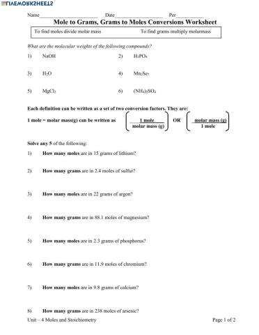 Chemistry: Mole Calculation Worksheet