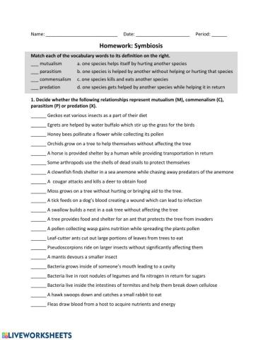 Biology: Symbiosis HW