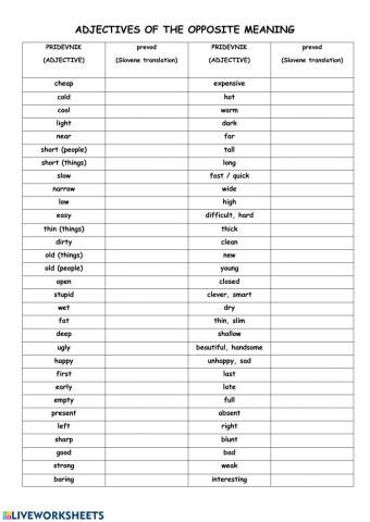 Adjectives of opposite meaning