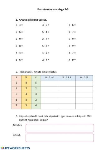 Korrutamine arvudega 2-5