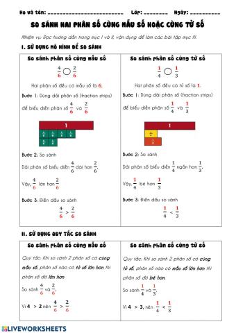 SO SÁNH CÁC PHÂN SỐ CÓ CÙNG TỬ SỐ HOẶC CÙNG MẪU SỐ