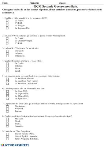 QCM 2nde guerre mondiale