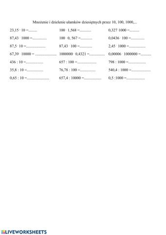 Mnożenie i dzielenie ułamków dziesiętnych przez 10,100,1000