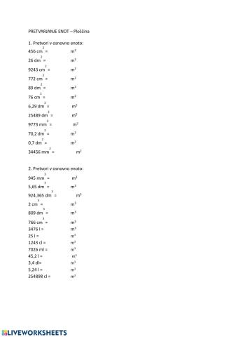 Pretvarjanje enot - ploščina, prostornina