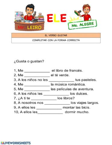 Actividad verbo gustar. gusta o gustan